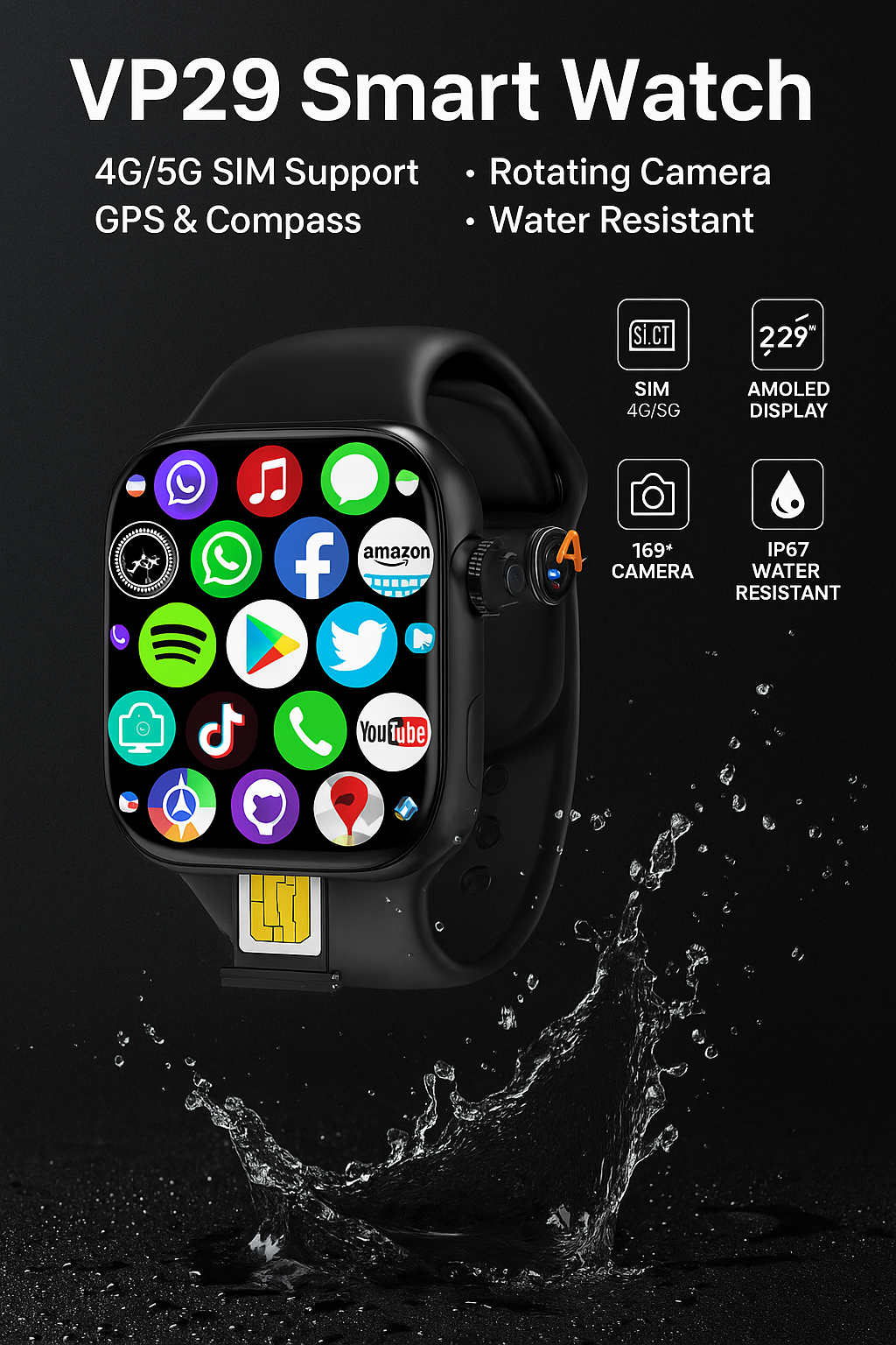 Premium VP29 Smartwatch – 2.29” AMOLED, 16GB+256GB, Waterproof, Compass, SIM 5G