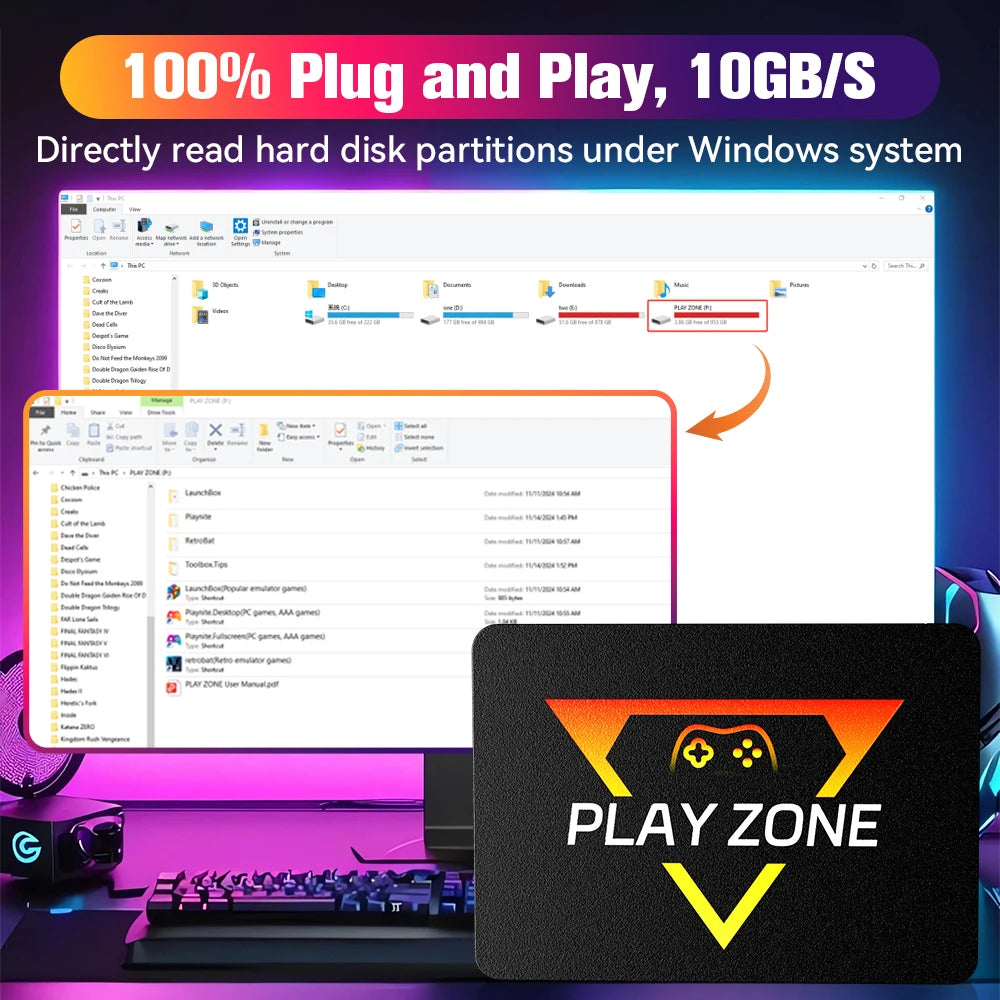 Retro Gaming SSD for Switch/Ps5/Xbox/Ps4/Ps3/Ps2/Wiiu 80+Emulators Launchbox＆Retrobat＆Playnite 16191 Games Console for Pc/Laptop
